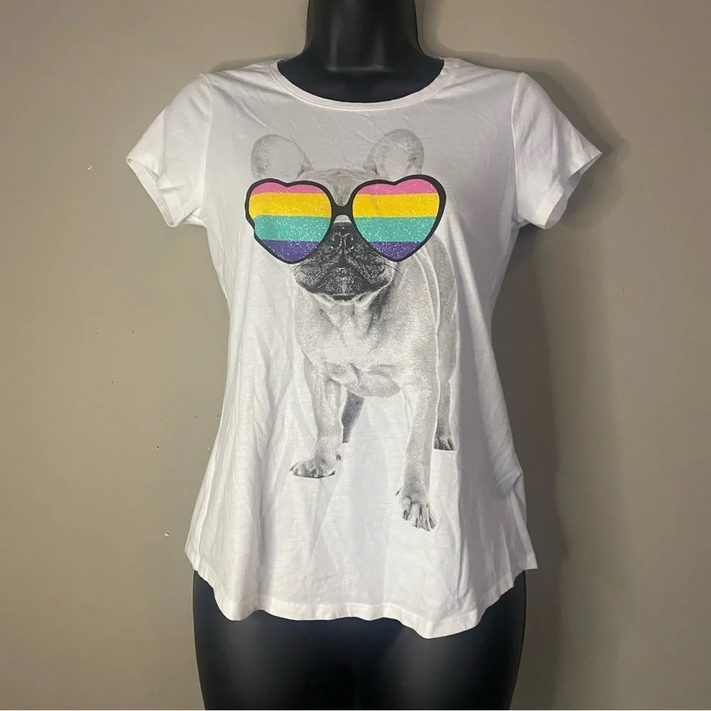 Justice Girls Colorful Glasses Dog Graphic Short Sleeve T-Shirt